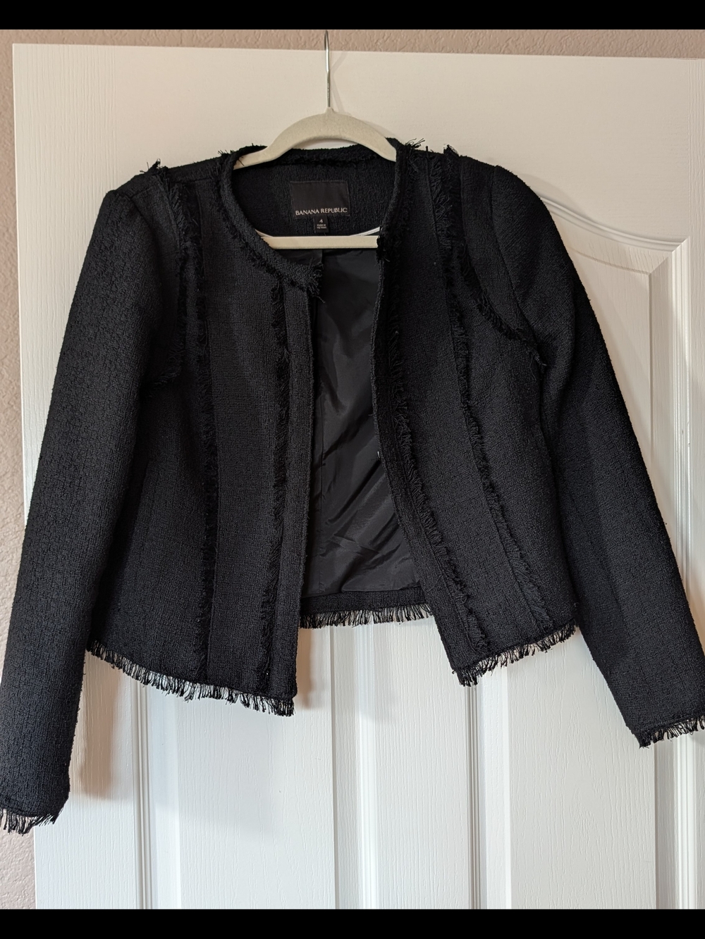 Banana Republic Black Tweed-Style Fringe Collarless Jacket Size 4